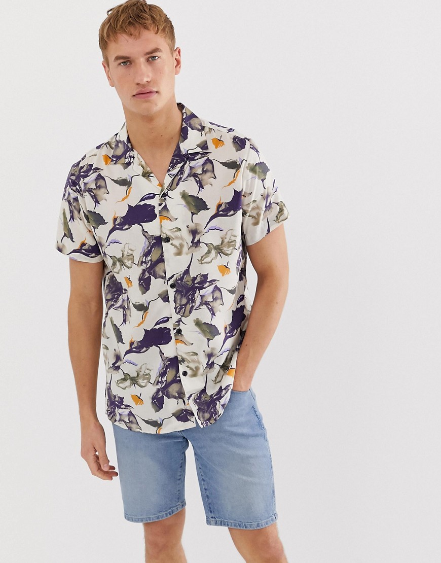 Selected Homme - Viscose overhemd met reverskraag en print-Marineblauw