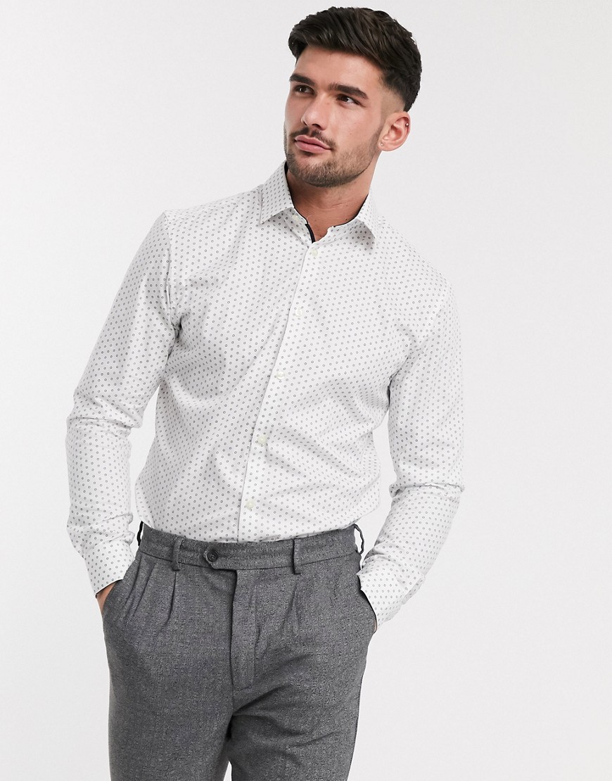 Selected Homme – Vit, mönstrad skjorta i ekologisk bomull med smal passform