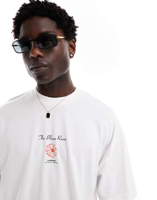 Selected Homme – Vit t-shirt i oversize med konstnärligt blomtryck baktill, 2 av 4