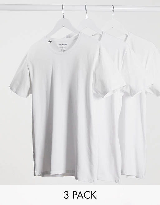 Selected Homme – Vita t-shirtar med rund halsringning i 3-pack