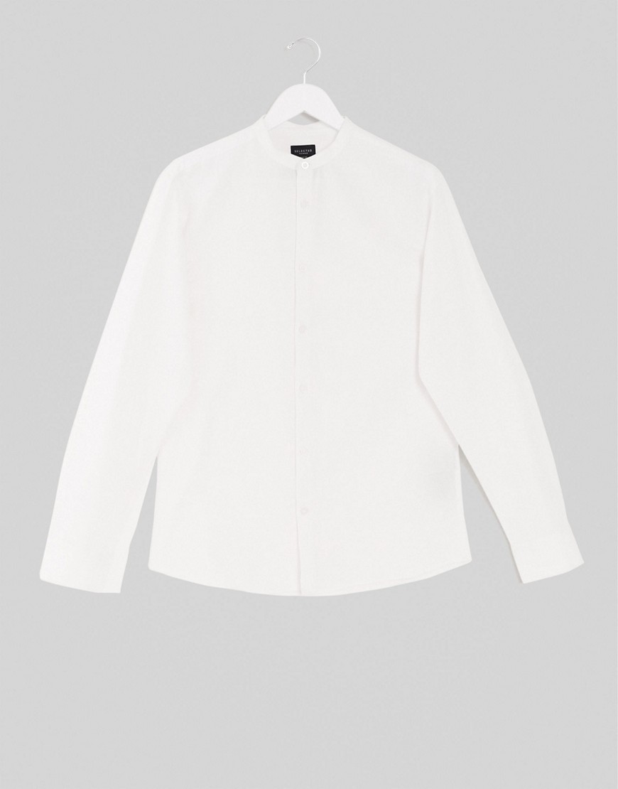 Selected Homme – Vit skjorta i linneblandning med murarkrage och smal passform