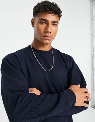 Selected Homme waffle crew neck sweat in navy