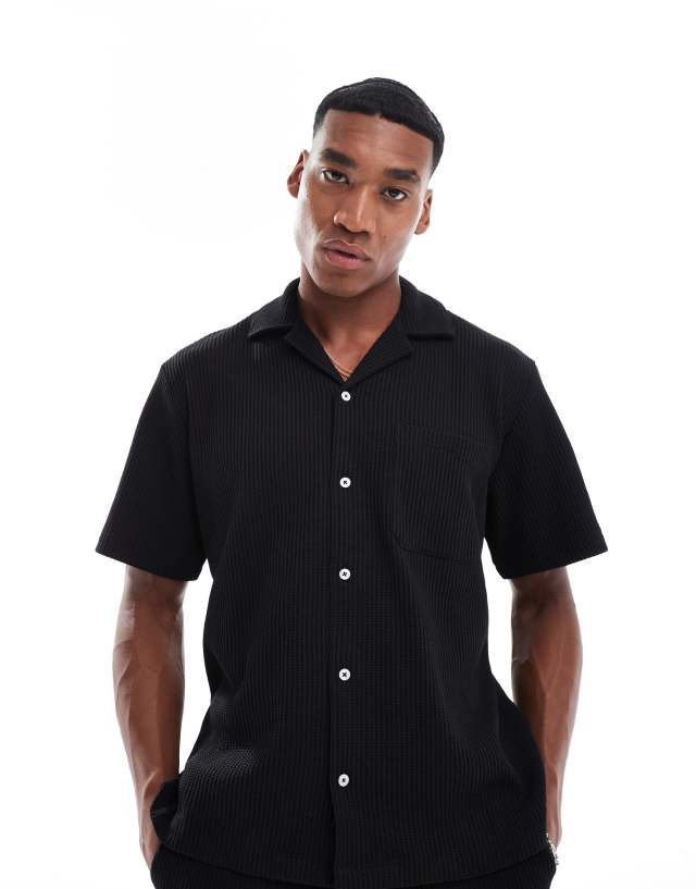 Selected Homme - waffle revere collar shirt in black