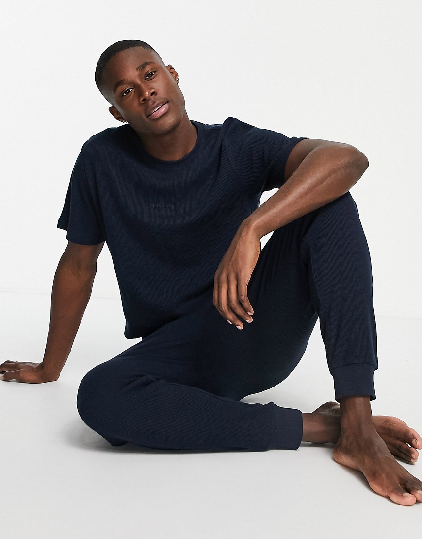 Selected Homme Waffle T-shirt Loungewear Set In Navy