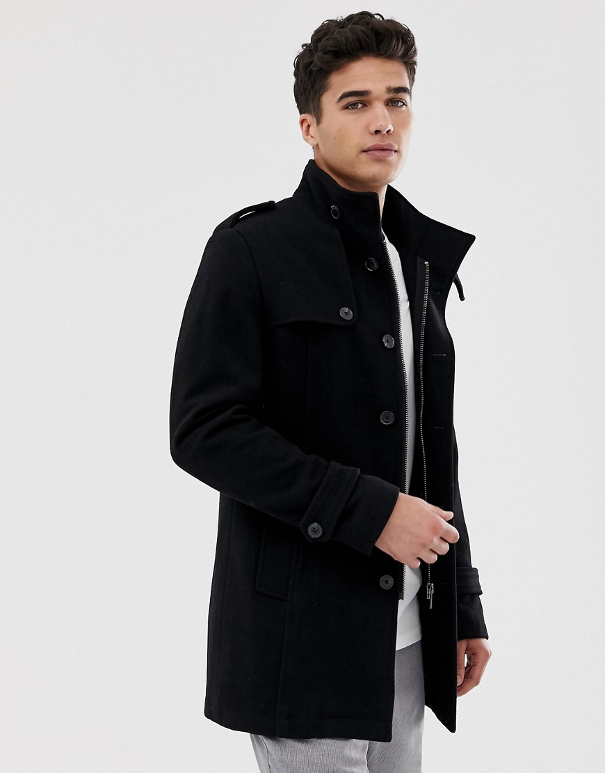 Selected Homme - Wollen jas met opstaande kraag-Zwart