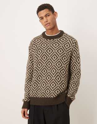 Selected Homme Wool Blend Knit Sweater With Geo Print In Brown
