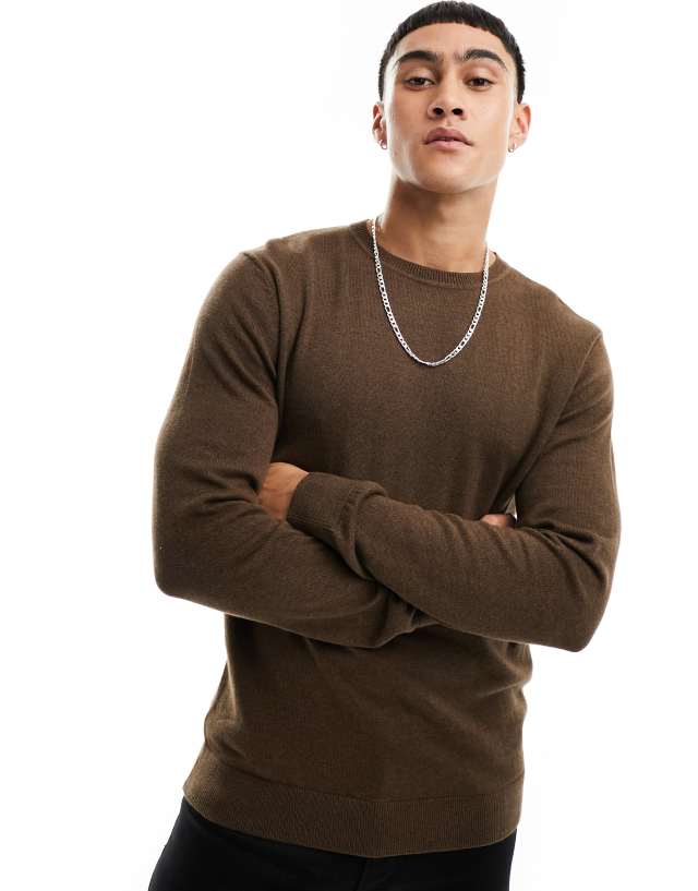 Selected Homme - wool mix crew neck jumper in brown