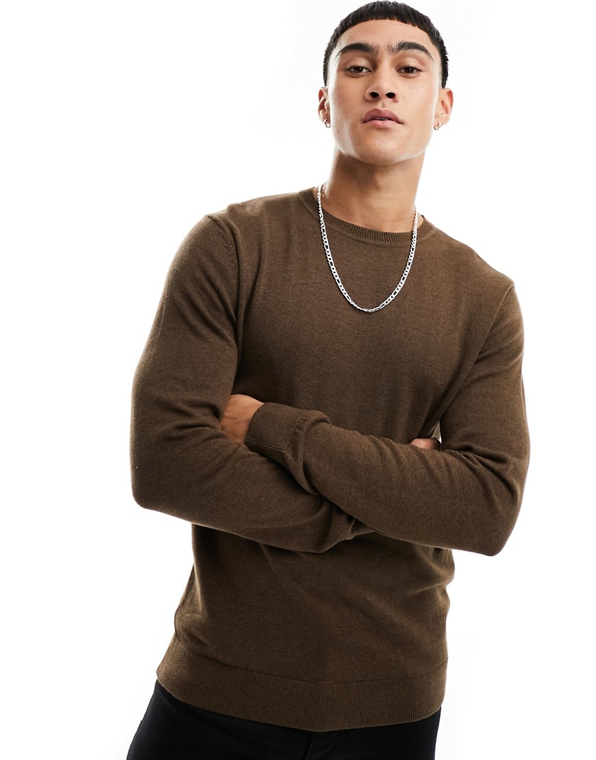 wool mix crew neck sweater in brown