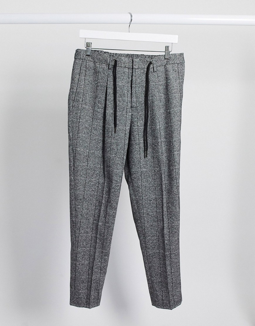 Selected Homme wool mix grid check trousers with elastic waist in grey