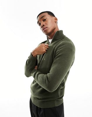 Selected Homme wool mix high neck 3/4 zip jumper in dark green