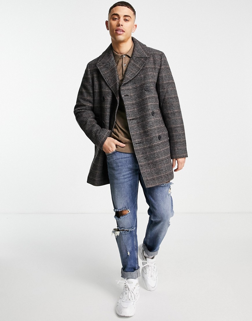 Selected Homme wool peacoat in gray check-Grey