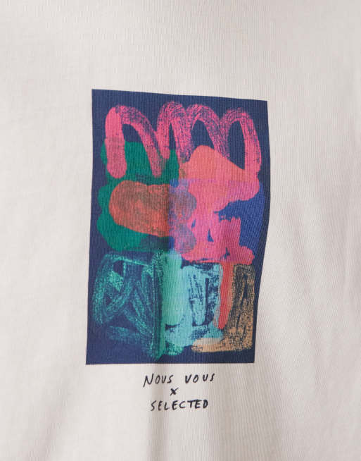 Selected Homme x Nous Vous - Oversized T-shirt met print op de borst in crème, 2 van 4