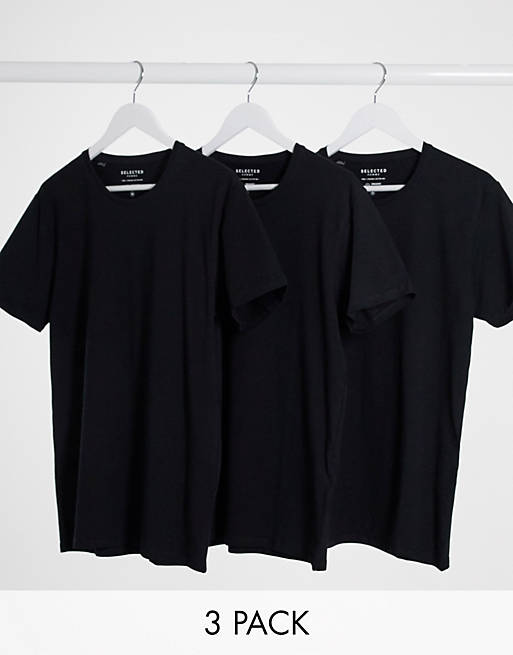 Selected Homme – Zestaw 3 czarnych T-shirtów z okrągłym dekoltem