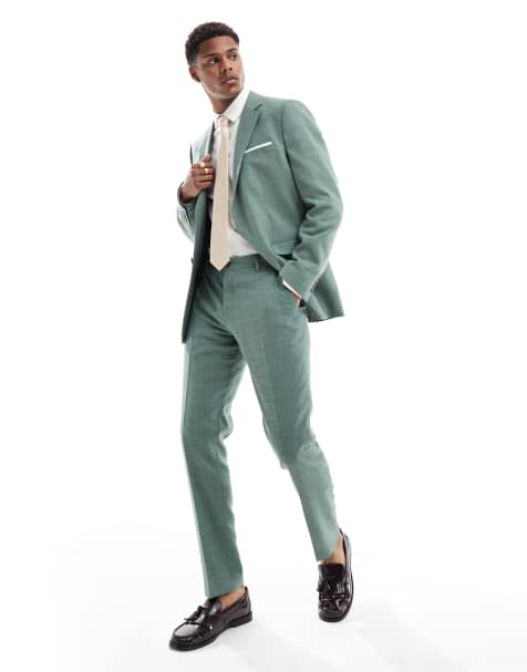 Selected linen mix slim fit suit trousers in green 