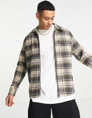 Selected Homme zip overshirt check jacket in beige