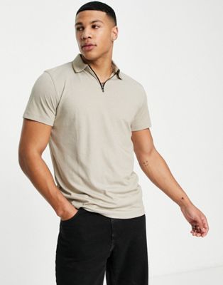 Selected Homme zip polo with tipping in beige