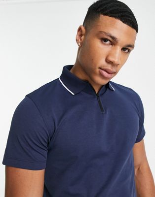 Selected Homme zip polo with tipping in navy