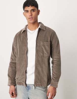 zip through cord shirt in tan-Brown