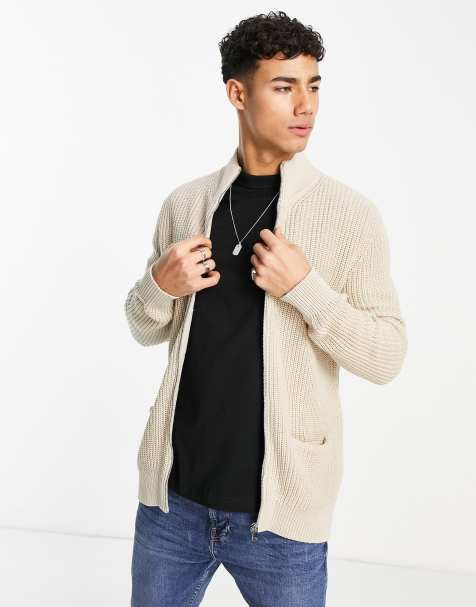 Selected Homme zip through knitted cardigan in beige