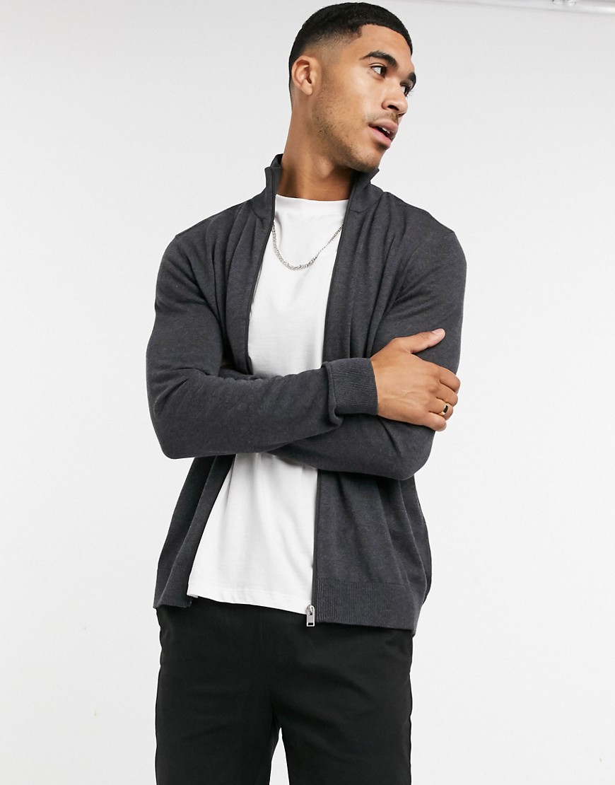 Selected Homme zip through knitted cardigan in dark grey
