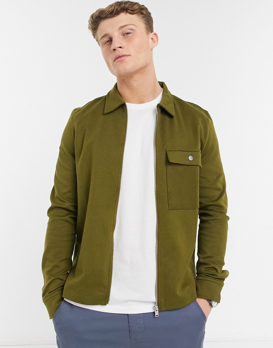 Selected Homme zip through overshirt with pockets in khaki-Green