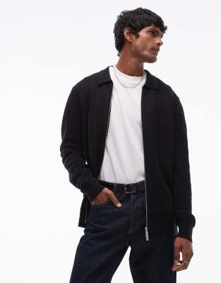 Selected Homme zip thru knitted long sleeve polo shirt in black