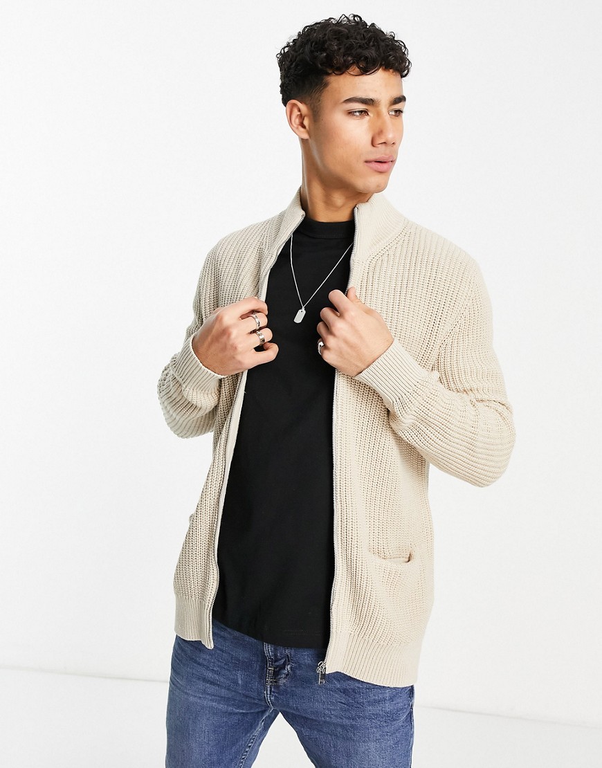 Selected Homme Zip Up Knit Cardigan In Beige-neutral | ModeSens
