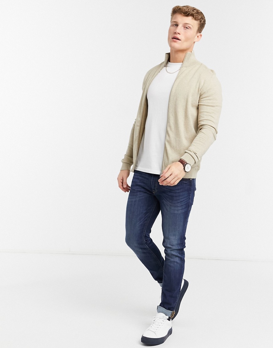 Selected Homme zip up knit cardigan in beige-Neutral