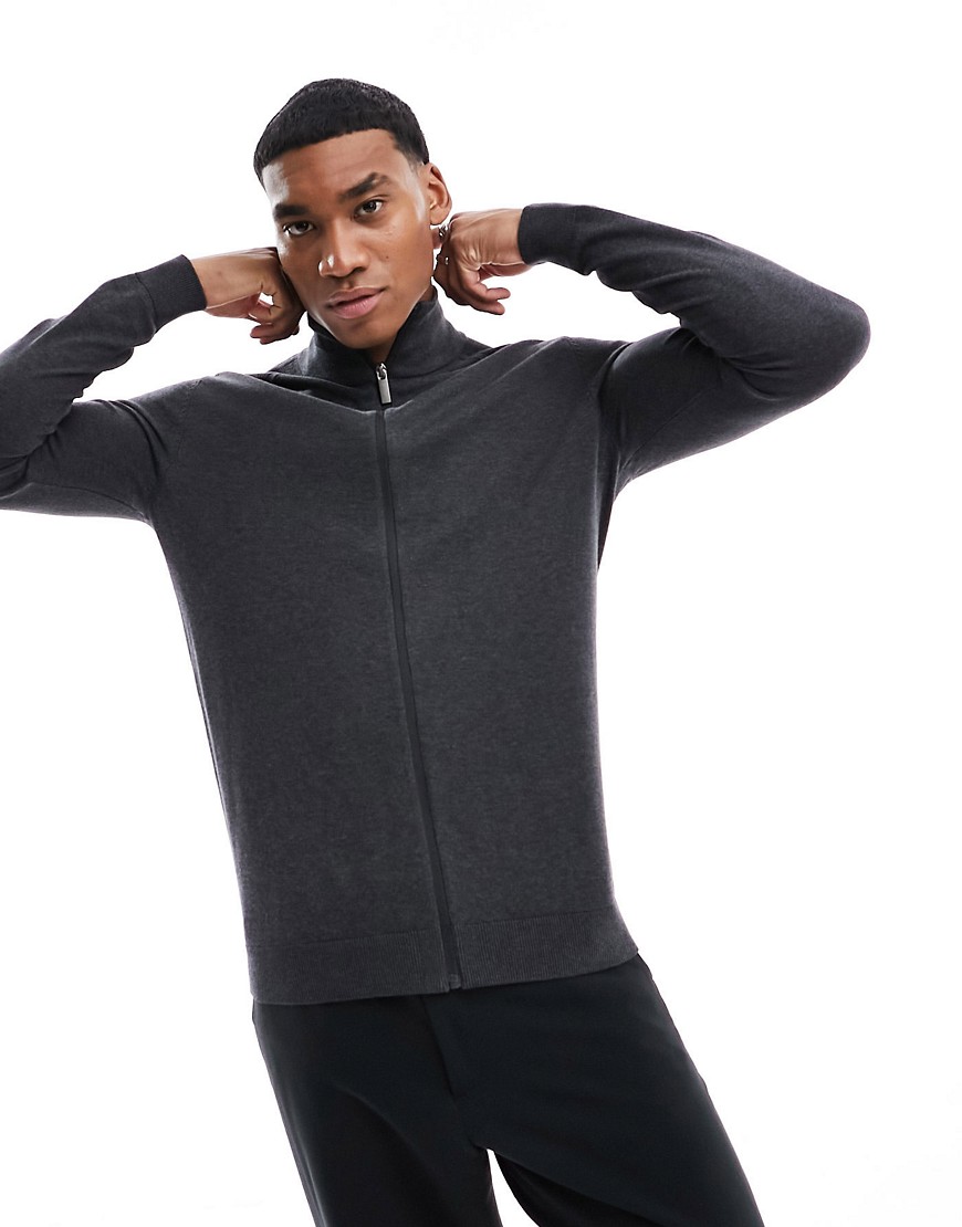 Selected Homme zip up knitted jumper in dark grey melange