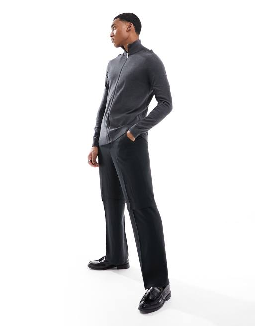 Selected Homme zip up knitted jumper in dark grey melange, 2 of 4