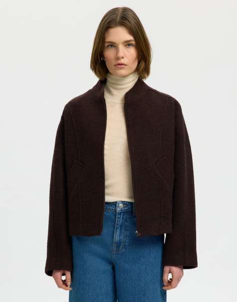 Selected Jacqueline drop shoulder wool blend high neck jacket in brown - view 1