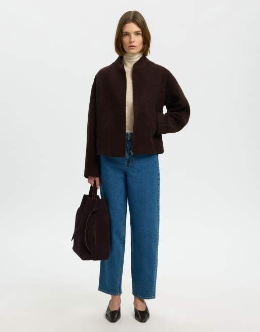 Selected Jacqueline drop shoulder wool blend high neck jacket in brown, 5 of 6