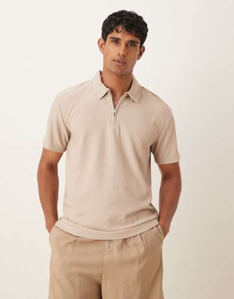 Selected plisse half zip polo in tan 