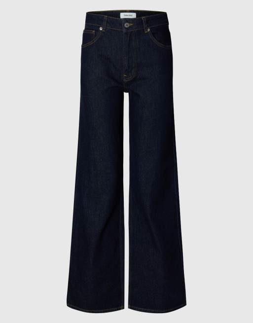 Selected jeans met wijde pijpen in donkerblauwe denim, 6 van 6