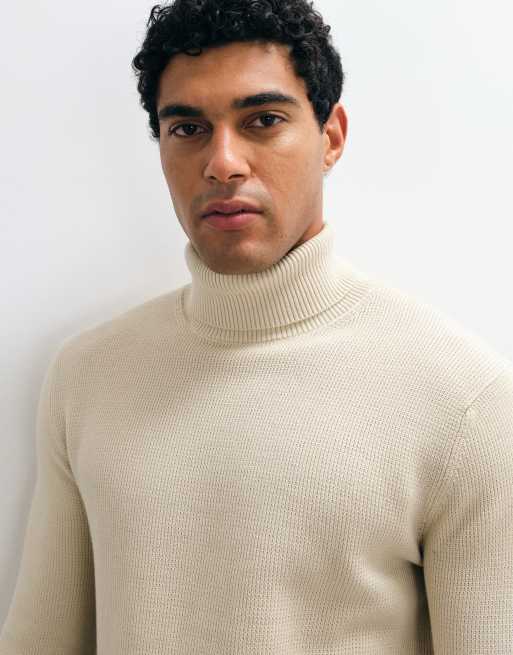 Selected jersey de punto acanalado con cuello vuelto en crema, 3 de 5