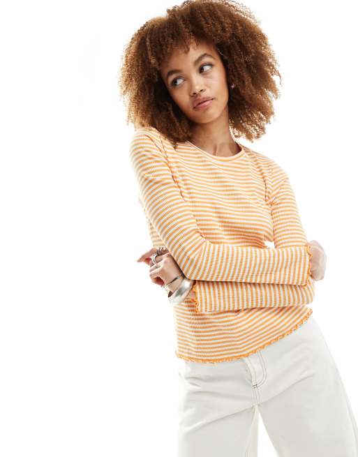 Selected Jesmine ribbed stripe long sleeve top in orange