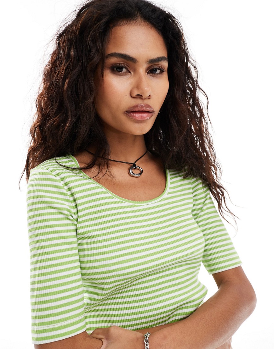 Selected Jesmine ribbed stripe short sleeve top in green