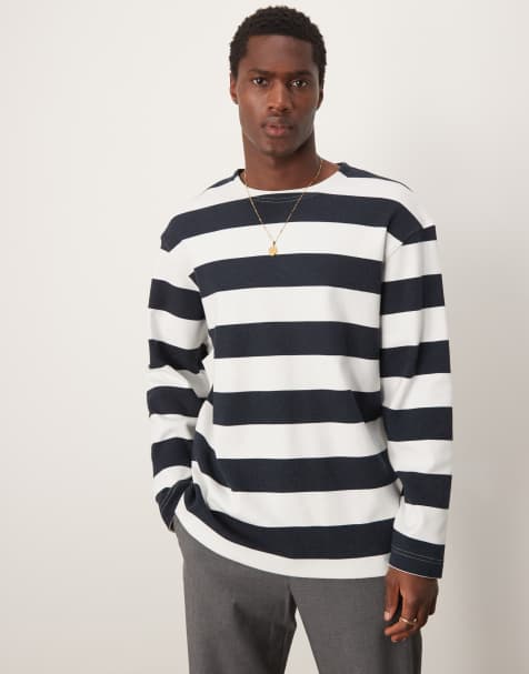 Selected – Kastiges, langärmliges Oversize-T-Shirt in Marineblau mit Streifen - view 1