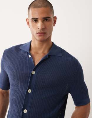 Selected Knit Button Down Short Sleeve Cardigan In Blue