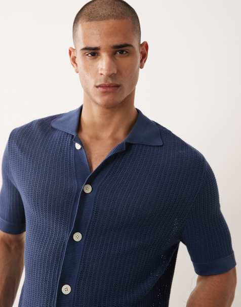 Selected knit button down short sleeve cardigan in dark blue - view 1