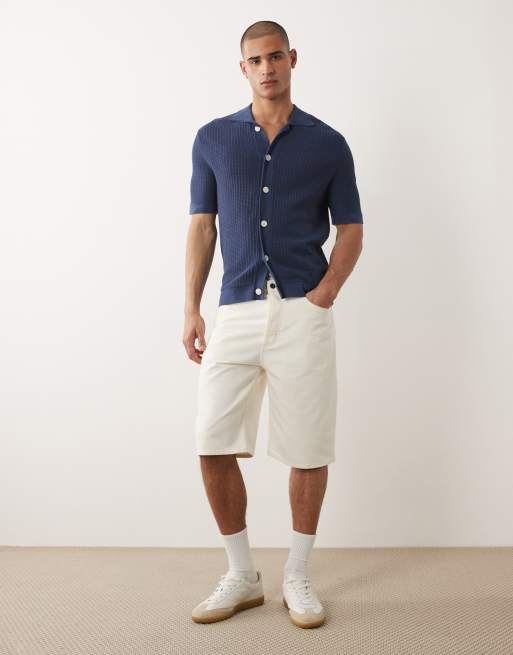 Selected knit button down short sleeve cardigan in dark blue, 2 of 5