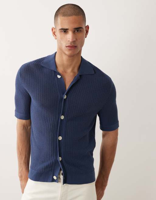Selected knit button down short sleeve cardigan in dark blue, 3 of 5