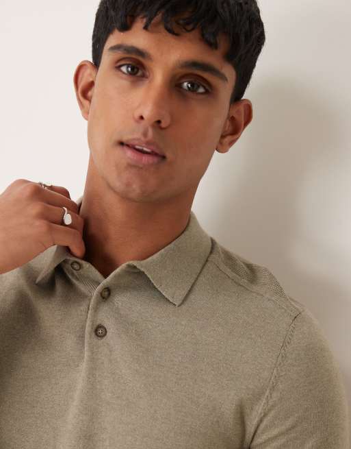 Selected knit polo shirt in tan , 4 of 4