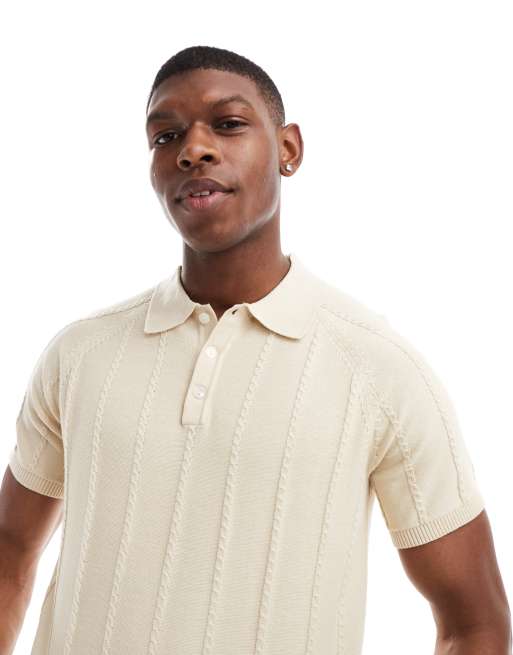 Selected knit polo shirt with texture in cream | ASOS