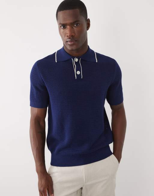 Selected knit polo with contrast collar in dark blue, 3 of 5