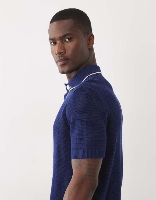 Selected knit polo with contrast collar in dark blue, 5 of 5