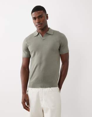 Selected Knit Split Neck Polo In Green