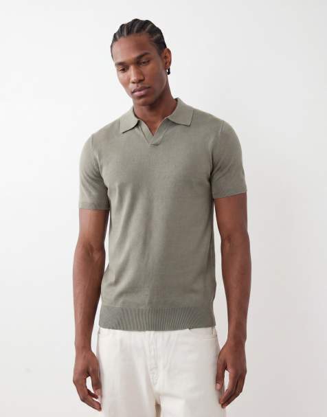 Selected knit split neck polo in sage green