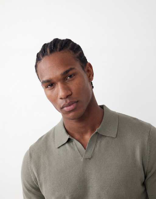 Selected knit split neck polo in sage green, 3 of 5