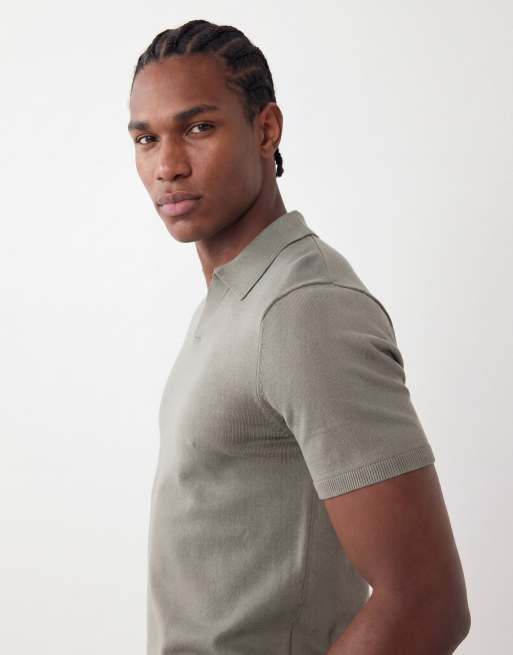 Selected knit split neck polo in sage green, 4 of 5